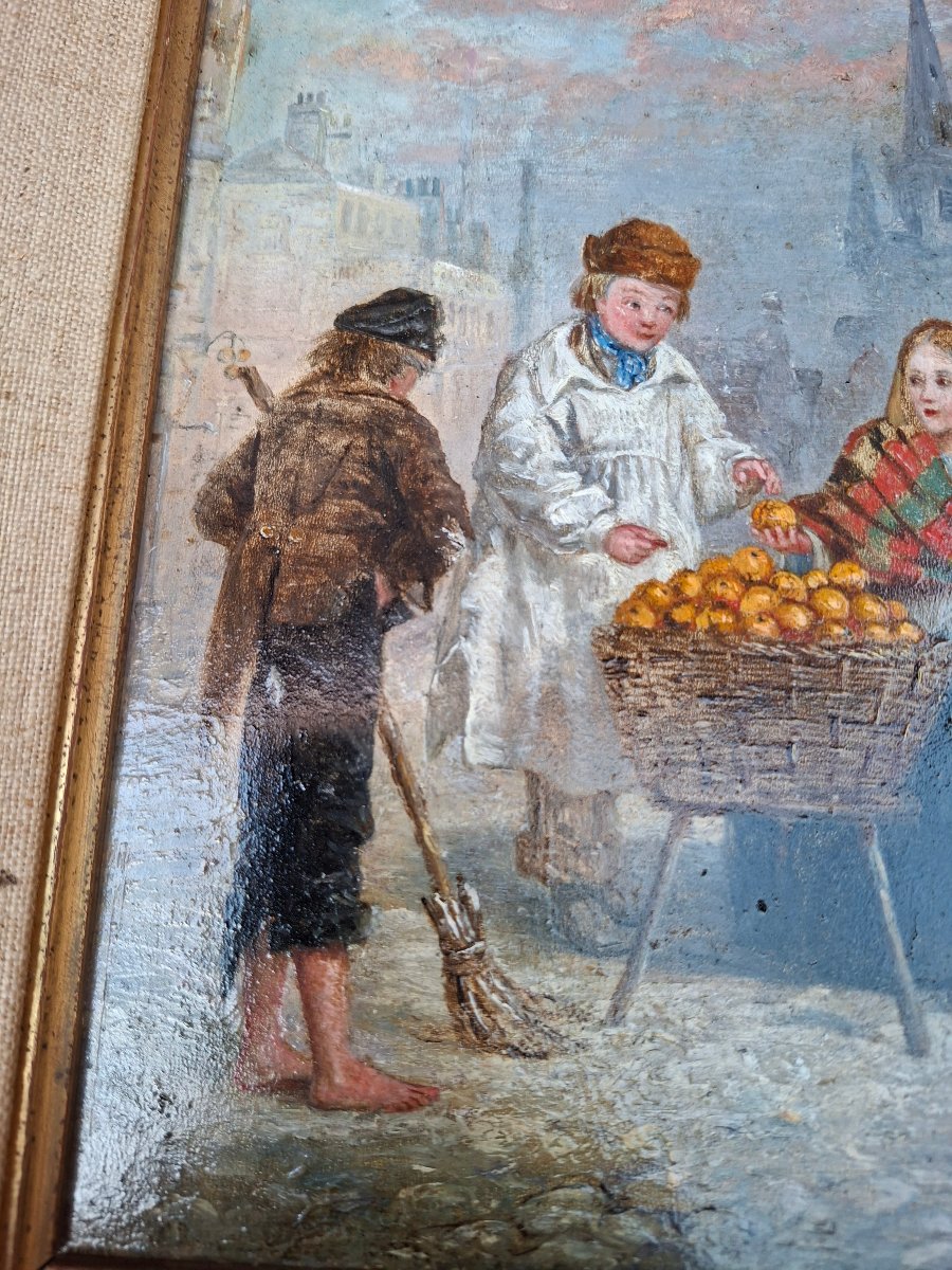 Huile sur panneau. Le petit vendeur d'oranges.-photo-4