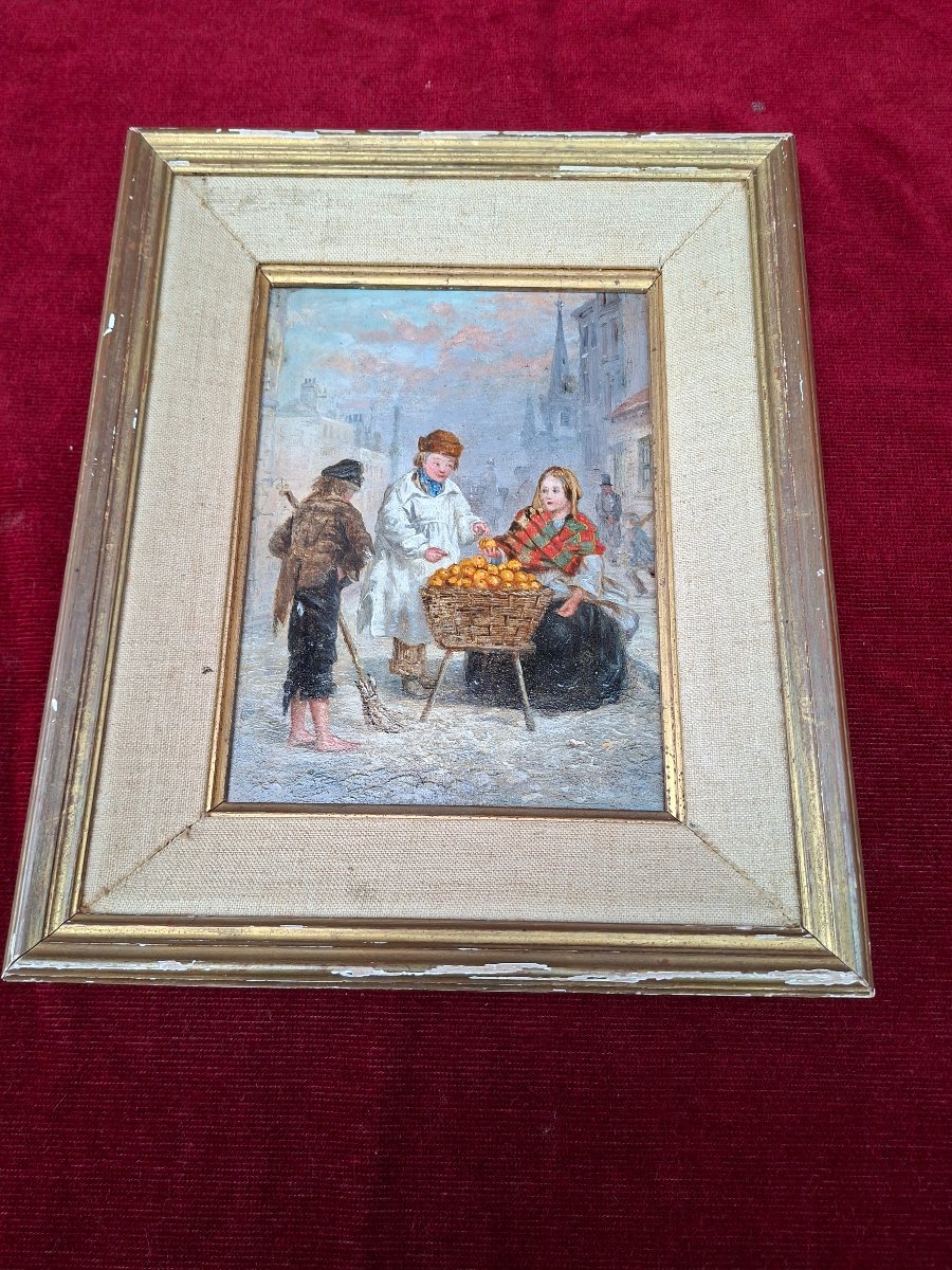 Huile sur panneau. Le petit vendeur d'oranges.-photo-6
