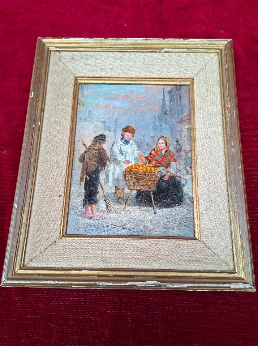 Huile sur panneau. Le petit vendeur d'oranges.