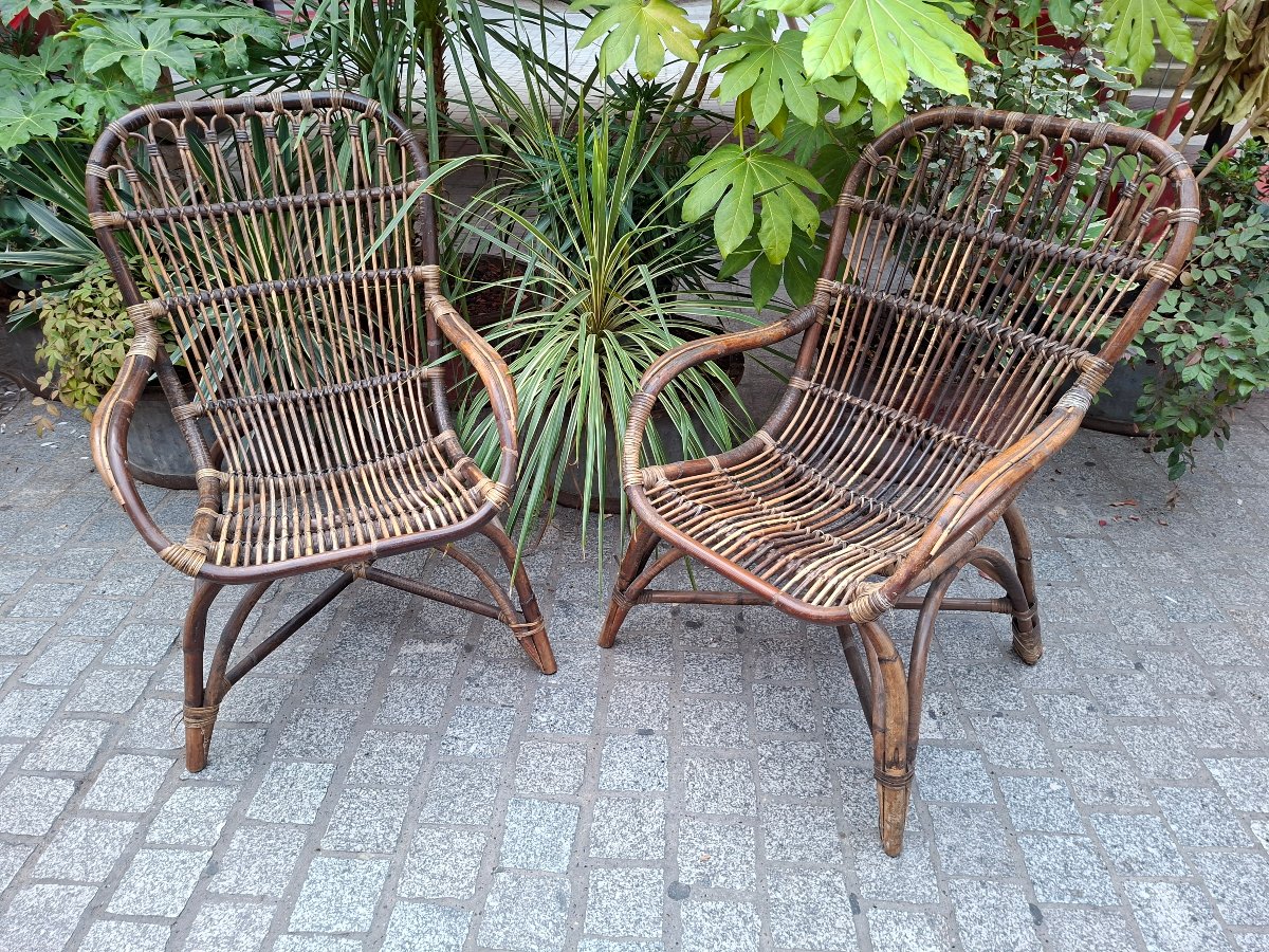 Paire de fauteuils en rotin années  50-photo-1