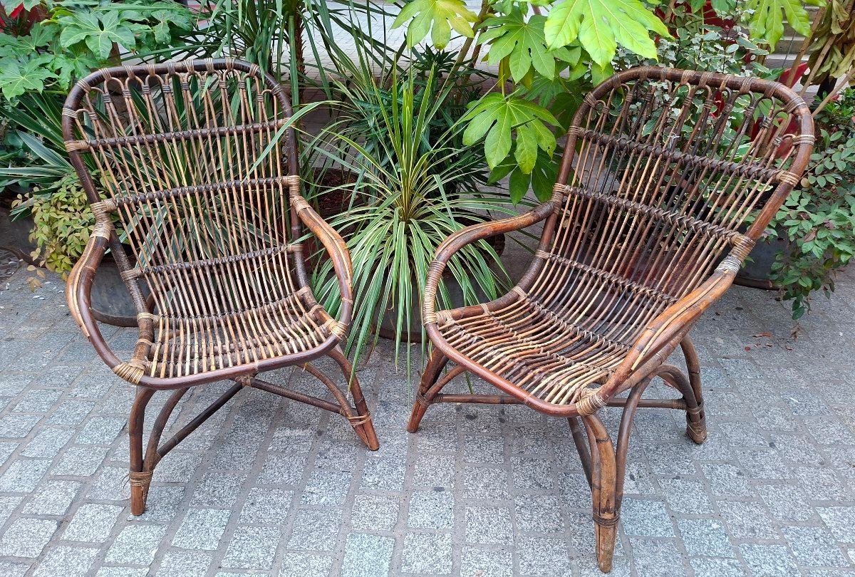 Paire de fauteuils en rotin années  50