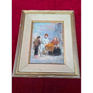 Huile sur panneau. Le petit vendeur d oranges 