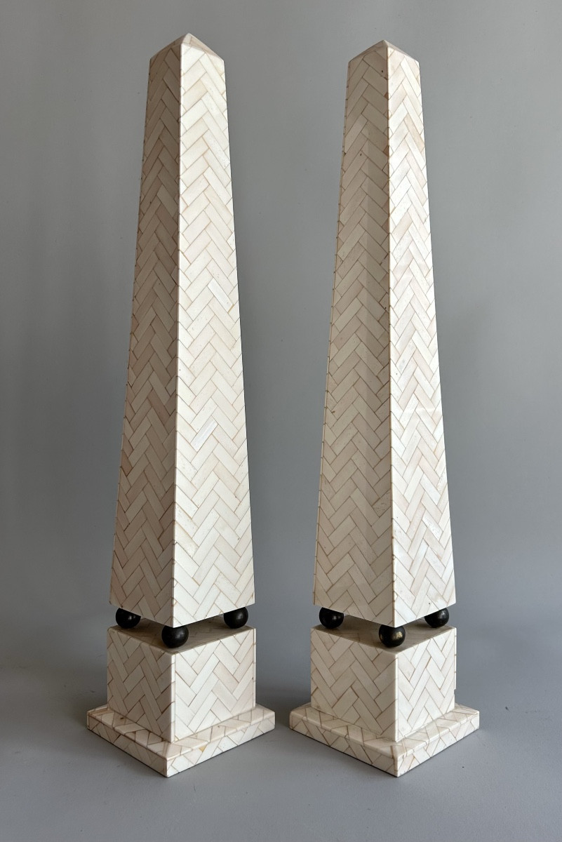Pair Of Bone Marquetry Obelisks, Decorated With Chevrons