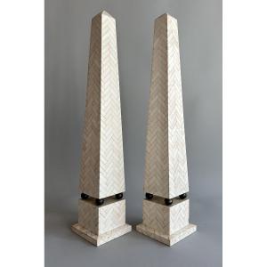 Pair Of Bone Marquetry Obelisks, Decorated With Chevrons