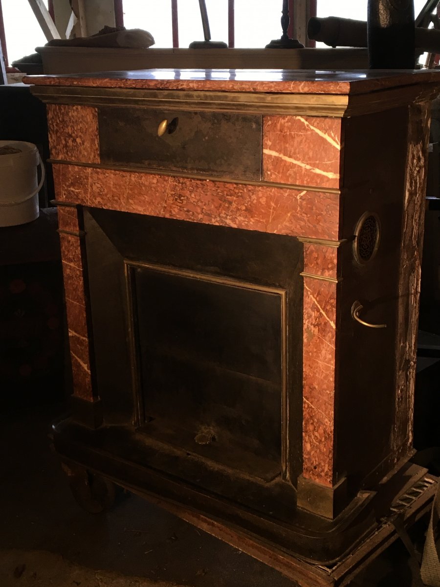 Blackened Sheet Metal, Brass And Marble Fireplace