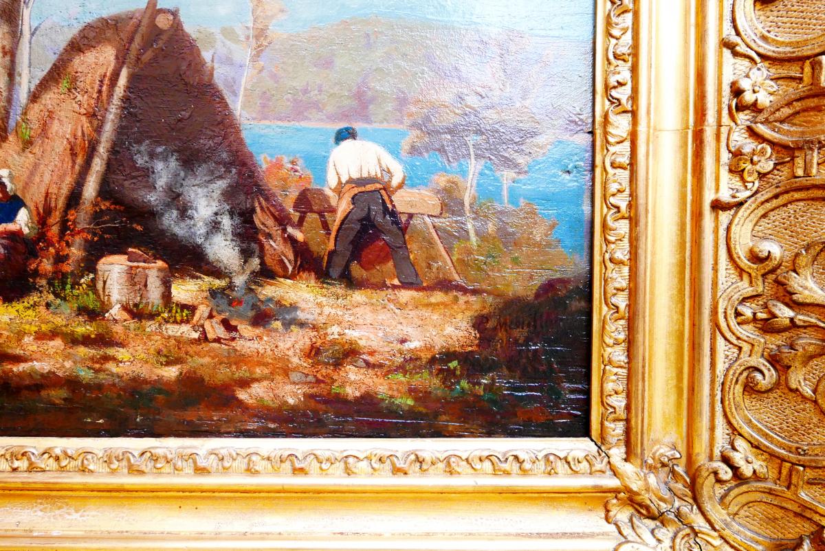 Bucherons En Forêt, Oil Wood Signed P. Marillier XIX-photo-2