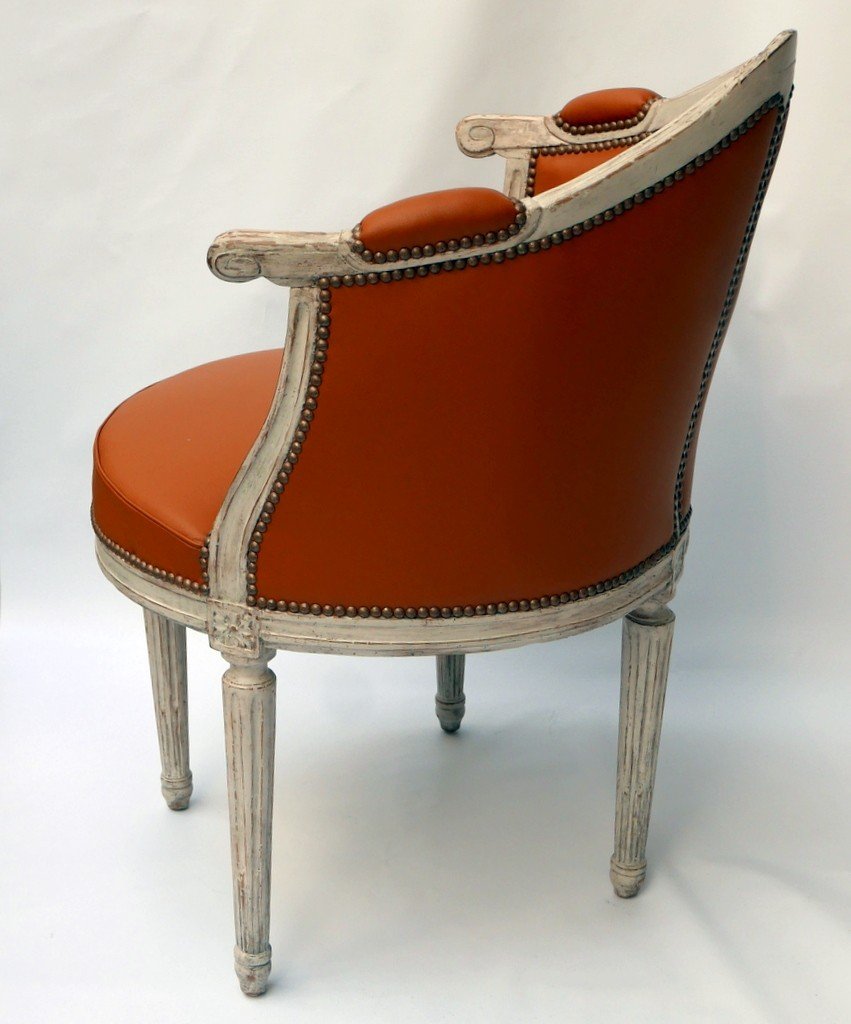 Fauteuil H&ecirc;tre Laqu&eacute; Gain&eacute; Cuir, Epoque Louis XVI.-photo-3