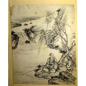 Dessin, Lettré contemplant une cascade encre