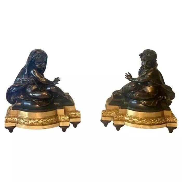 Chenets En Bronze Doré Et Patiné De Style Louis XVI, Circa 1860-photo-6