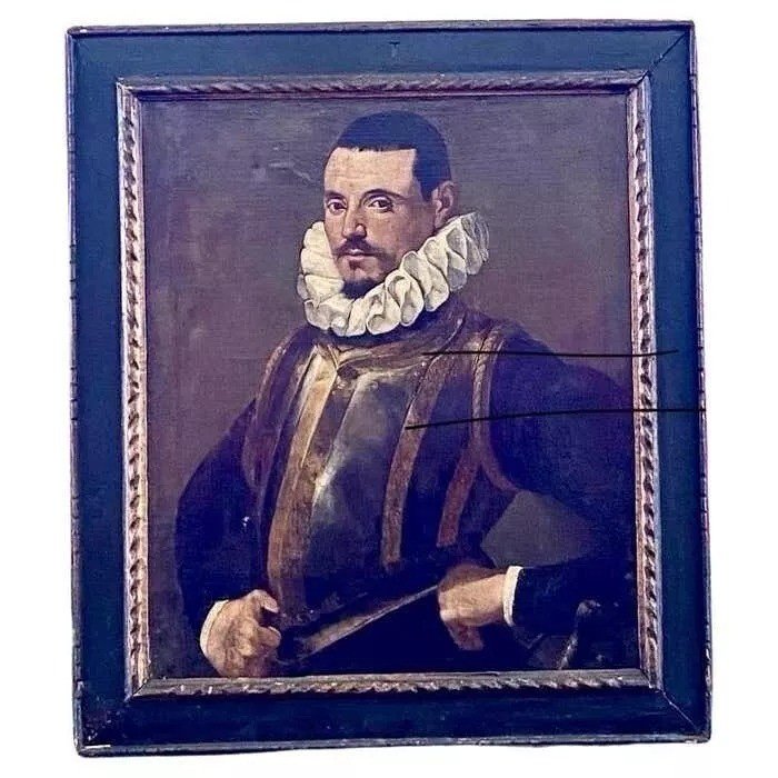 Grand Portrait Ancien De l'école Lombarde Italienne, 18e Siècle - Homme Avec Une Fraise-photo-2