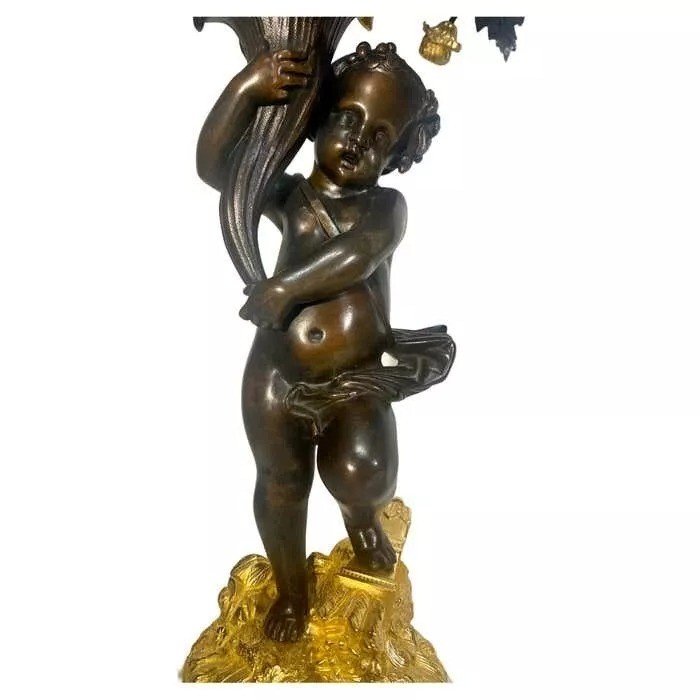 Antiqie Pair Large Impressive French Bronze Dore 5 Light Cherub Putti Candelabra-photo-2