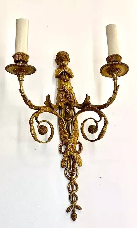 Ensemble De Quatre Appliques Murales Françaises En Bronze Doré Avec Chérubins Et Deux Branches-photo-3