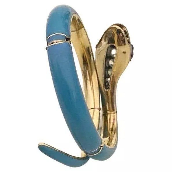 Bracelet Serpent Victorien En émail Turquoise Avec Diamants Anciennes De 2,80ct Et Rubis-photo-2