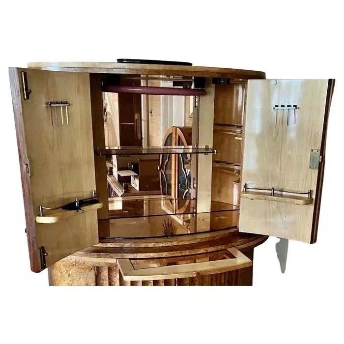 Cabinet De Bar Art Déco En érable Blond Loupe Semi-circulaire Par H&l Epstein-photo-5