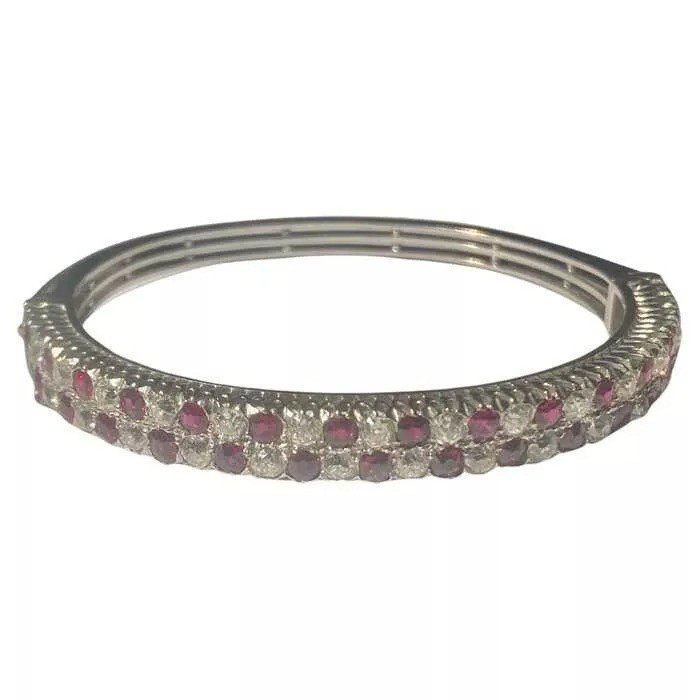 Antique Ruby & Diamond 18k Gold Hinged Bangle Bracelet Circa 1900-photo-3