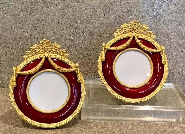 Antique Pair Of Red Guilloche Enamel & Ormolu Picture Frames-photo-4