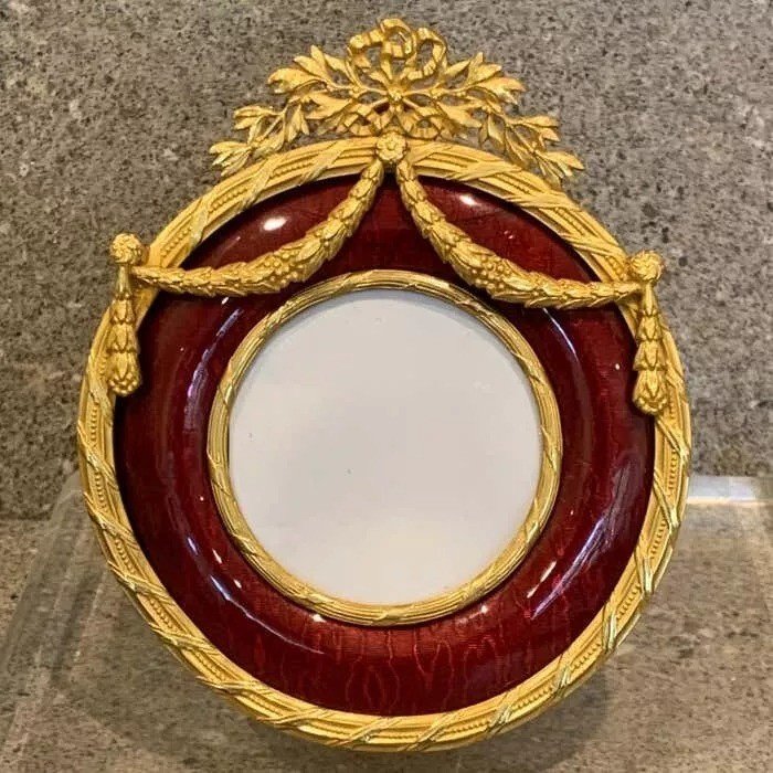 Antique Pair Of Red Guilloche Enamel & Ormolu Picture Frames-photo-1