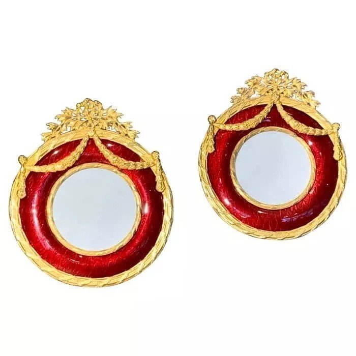 Antique Pair Of Red Guilloche Enamel & Ormolu Picture Frames