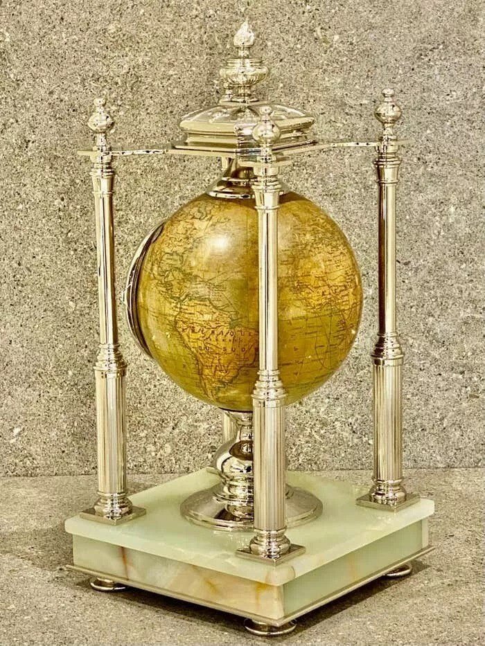 Horloge Globe Terrestre Ancienne En Argent Et Onyx Pâle, France, Circa 1890-photo-4