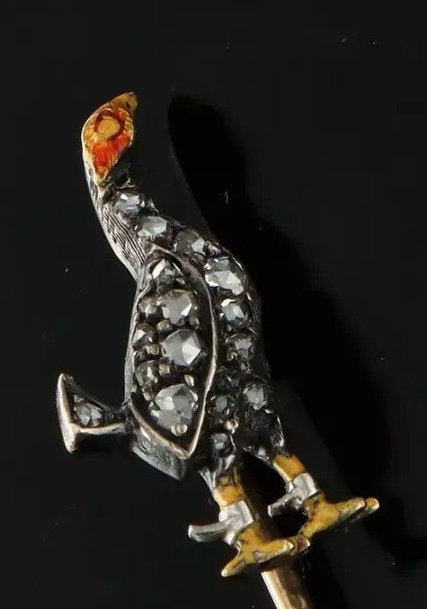 épingle Ancienne Victorienne En Or 18ct Avec Diamants Et émail, Coq De Combat-photo-2