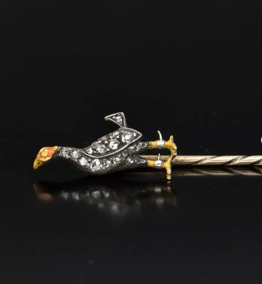 épingle Ancienne Victorienne En Or 18ct Avec Diamants Et émail, Coq De Combat-photo-4