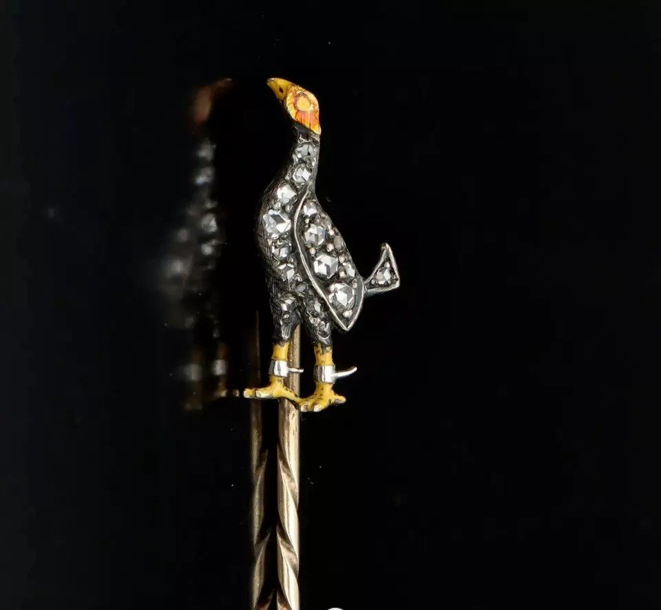 épingle Ancienne Victorienne En Or 18ct Avec Diamants Et émail, Coq De Combat