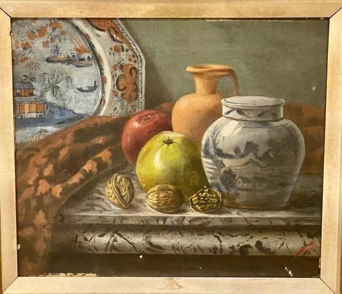 E. Cremer Still Life Painting Of Fruit A Chinese Ginger Jar, Etc Antique C 1881-photo-2