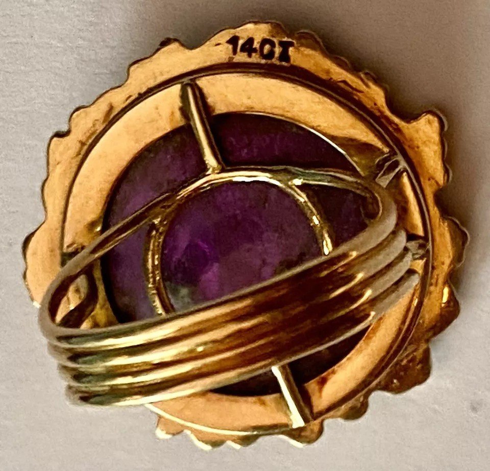 Large Antique Vintage 14k Gold Enamel Ruby & Rose Cut Diamond Ring 30mm Diameter-photo-2