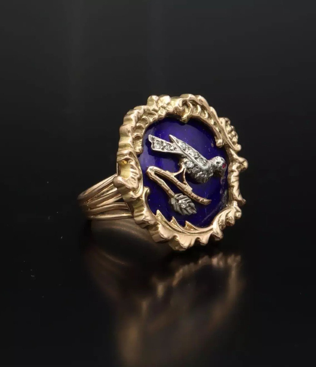 Large Antique Vintage 14k Gold Enamel Ruby & Rose Cut Diamond Ring 30mm Diameter