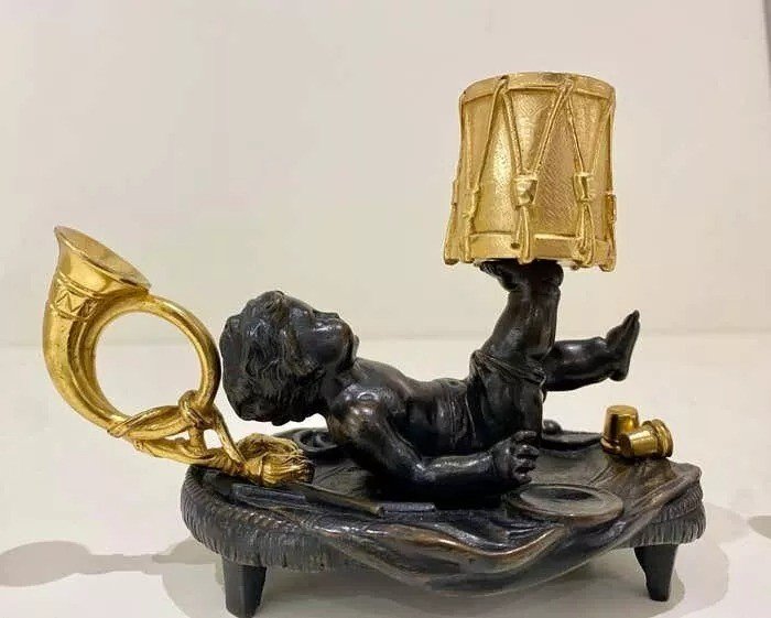 Paire De Bougeoirs De Chambre Anciens En Bronze Doré Et Patiné Avec Chérubins, 19e Siècle-photo-3