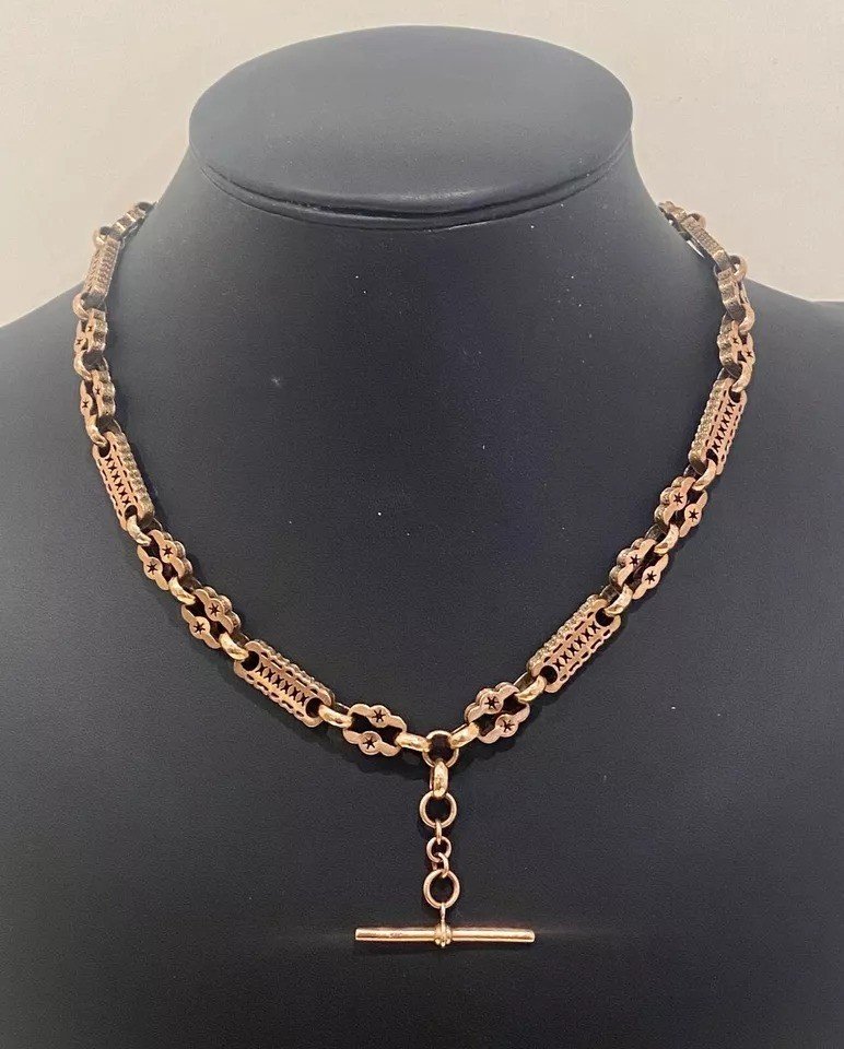 Chaîne De Montre/collier Albert En Or Rose 9ct Victorien, Lourd, étoiles Et Barres, 53g-photo-2