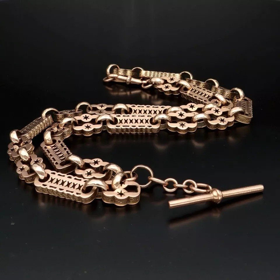 Chaîne De Montre/collier Albert En Or Rose 9ct Victorien, Lourd, étoiles Et Barres, 53g-photo-3