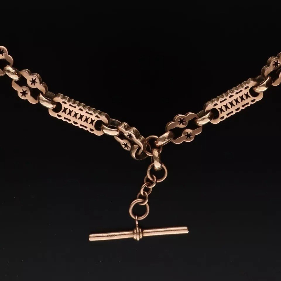 Chaîne De Montre/collier Albert En Or Rose 9ct Victorien, Lourd, étoiles Et Barres, 53g-photo-4