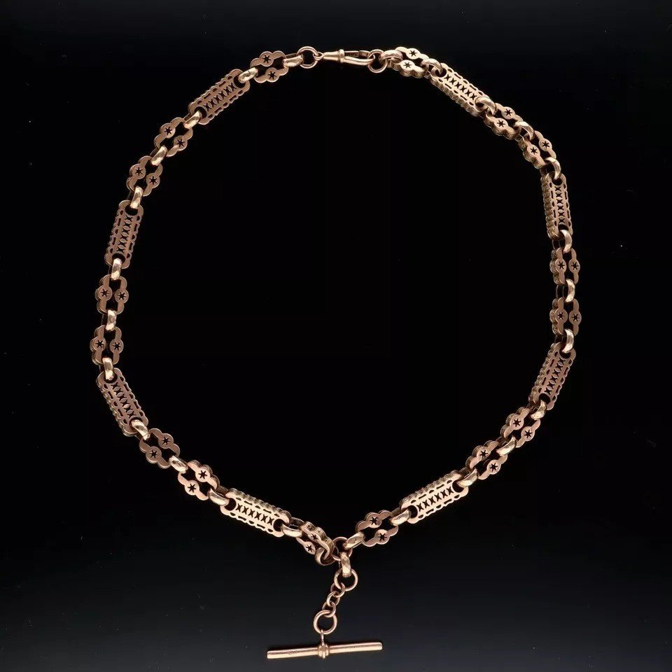 Chaîne De Montre/collier Albert En Or Rose 9ct Victorien, Lourd, étoiles Et Barres, 53g-photo-6