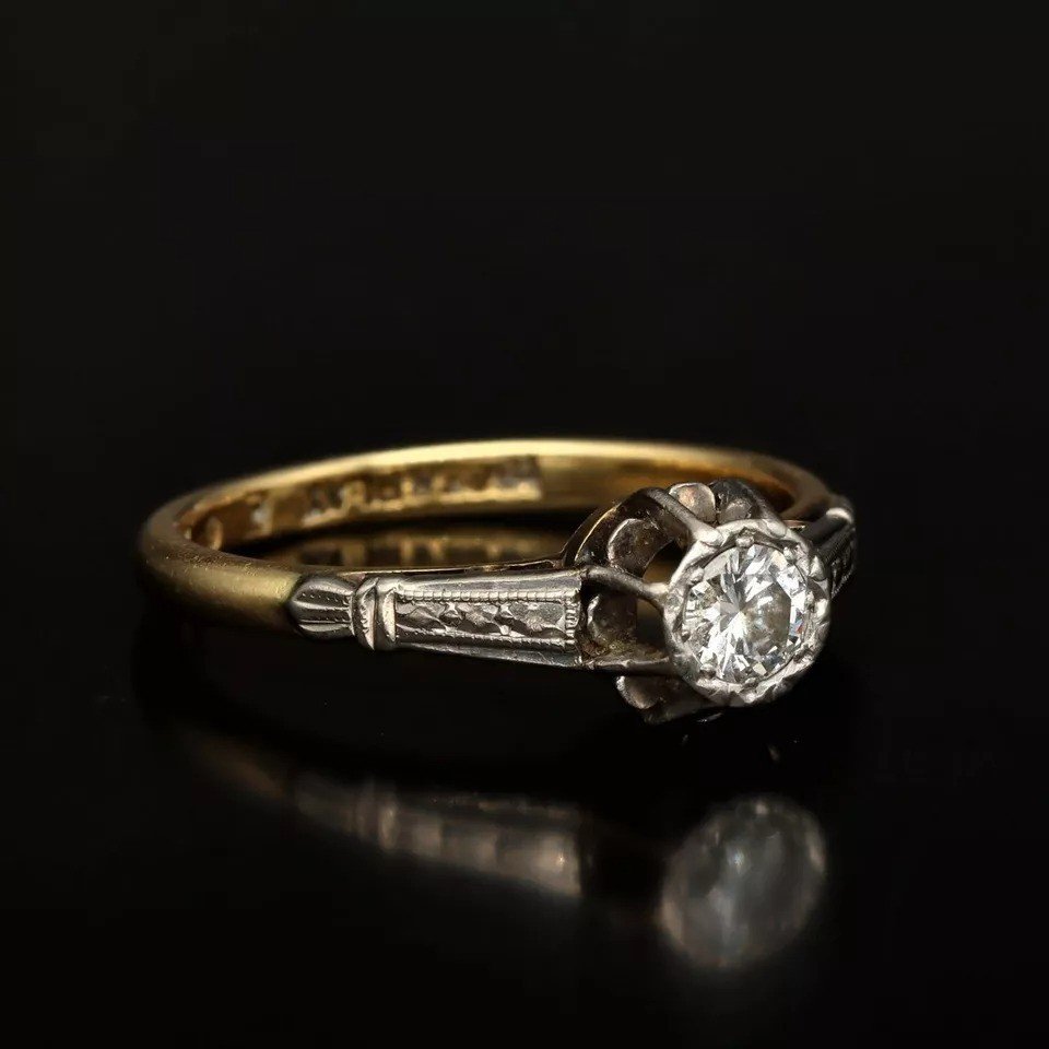 Bague De Fiançailles En Or 18ct Avec Diamant, Années 1920-photo-1