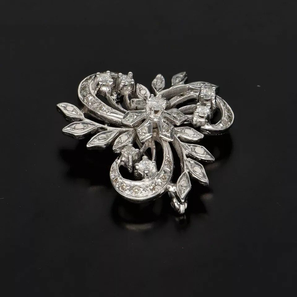 Broche Fleur Art Déco En Or Blanc 18ct Avec Diamant De 1,03ct, Vintage-photo-4