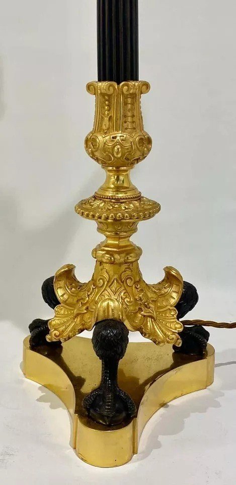 Paire De Lampes-candélabres En Bronze Doré Partiel De Style Empire Français-photo-3