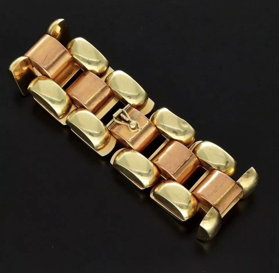 Bracelet Tank Art Déco En Or Bicolore 14k Rose Et Jaune, Circa 1930, 52 Grammes-photo-2