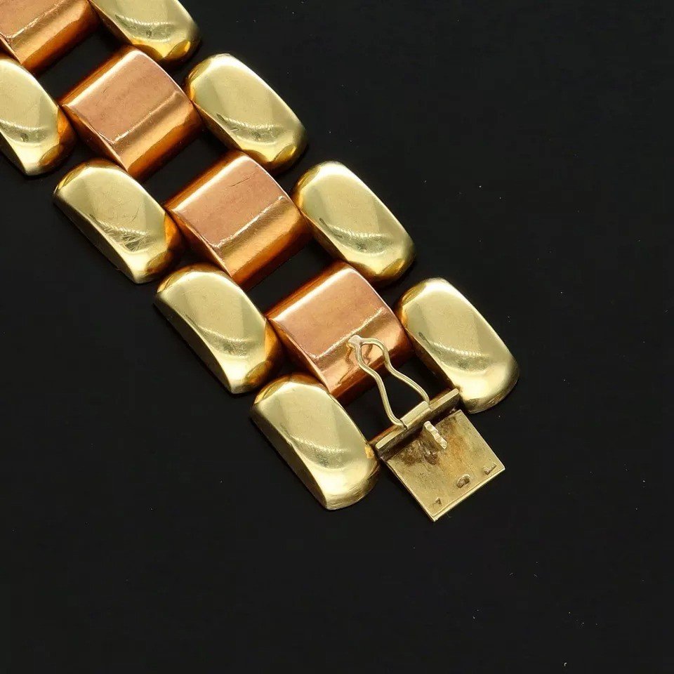 Bracelet Tank Art Déco En Or Bicolore 14k Rose Et Jaune, Circa 1930, 52 Grammes-photo-4