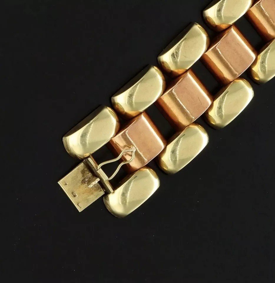 Bracelet Tank Art Déco En Or Bicolore 14k Rose Et Jaune, Circa 1930, 52 Grammes-photo-4