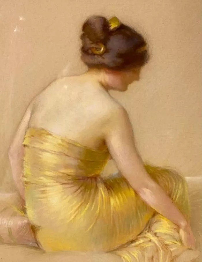 Gaston Bouy (1866-1935) - Jeune Beauté Assise En Robe De Soirée En Satin-photo-4