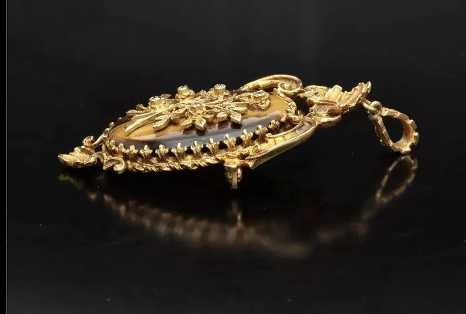 High Quality Victorian 9ct Gold Tigers Eye And Diamond Pendant/brooch-photo-2
