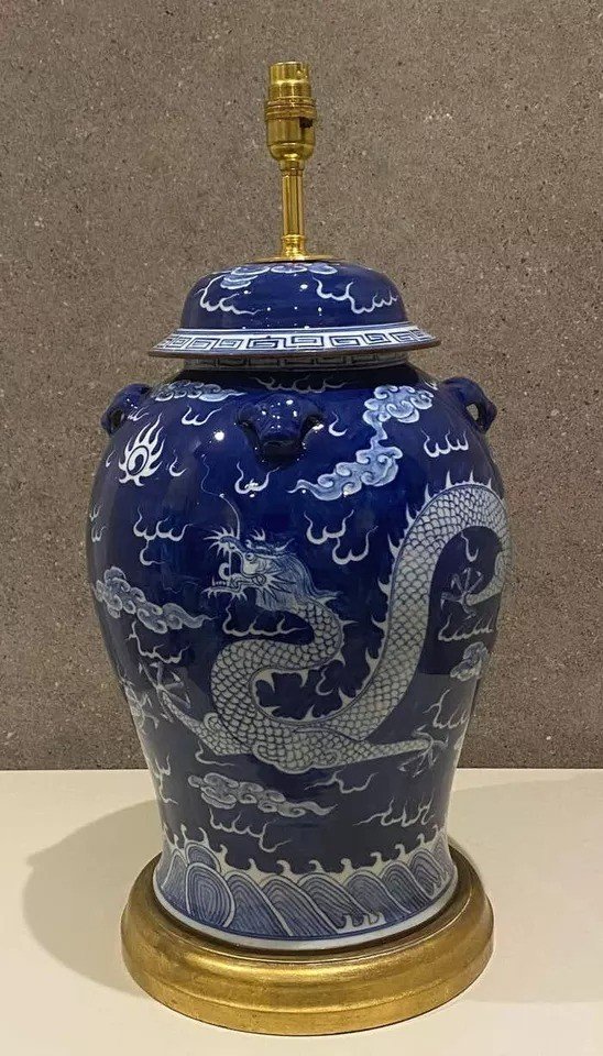 Huge Vintage Table Lamp Jar In Ming Blue & White Porcelain-photo-2