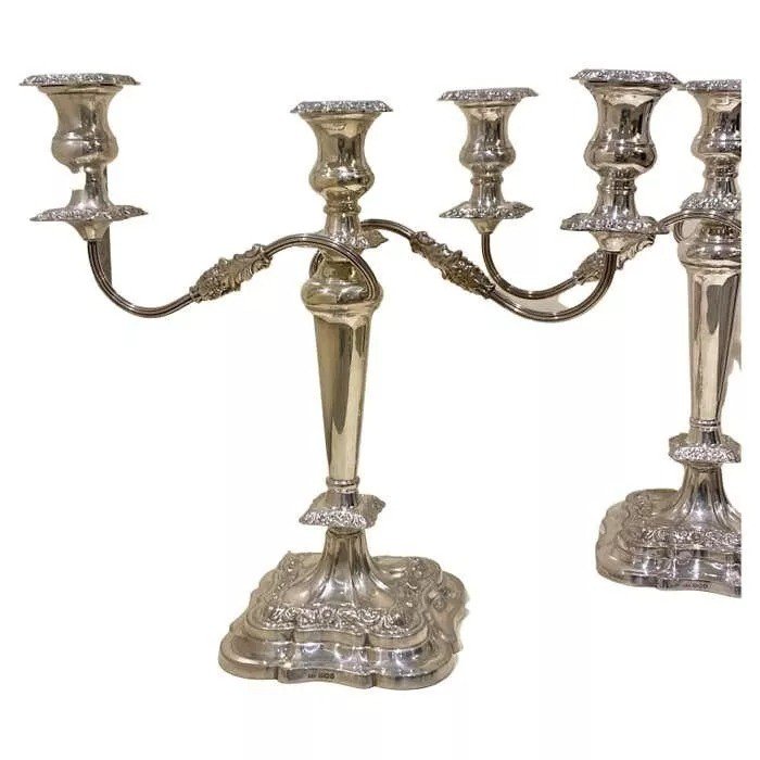 Paire De Grands Candélabres Vintage En Argent Sterling à Trois Lumières-photo-1