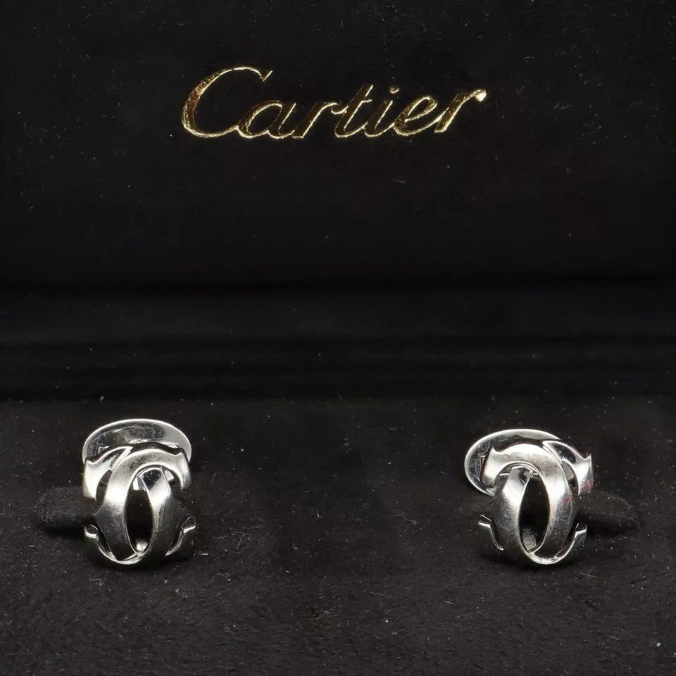 Vintage 18ct White Gold Cartier Logo Cufflinks Discontinued Penelope Collection-photo-4