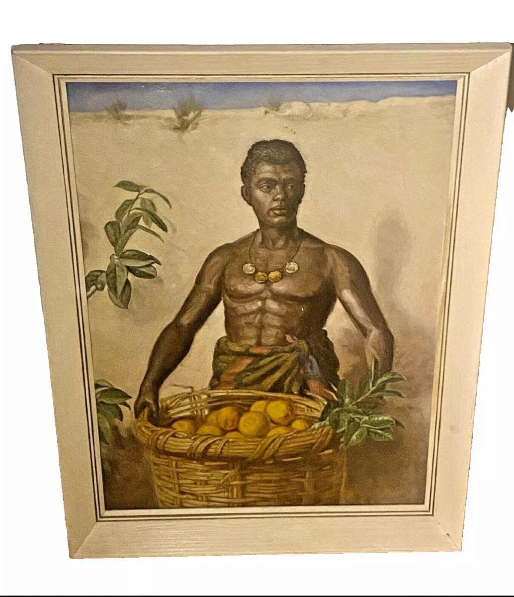 Painting. Handsome Semi Naked Black African Orange Seller