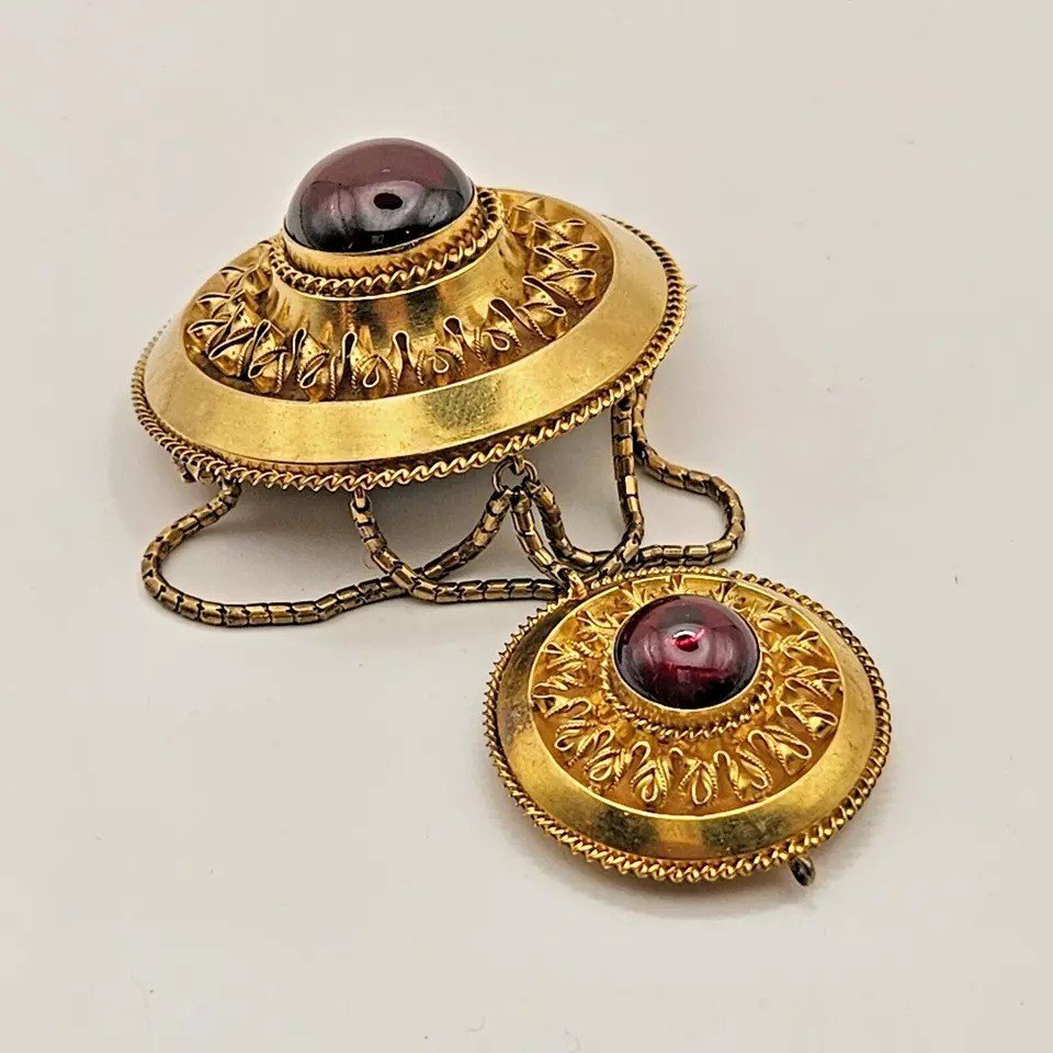 Victorian Etruscan Revival 14ct Solid Gold Cabochon Garnet Locket Brooch Ca 1880-photo-4