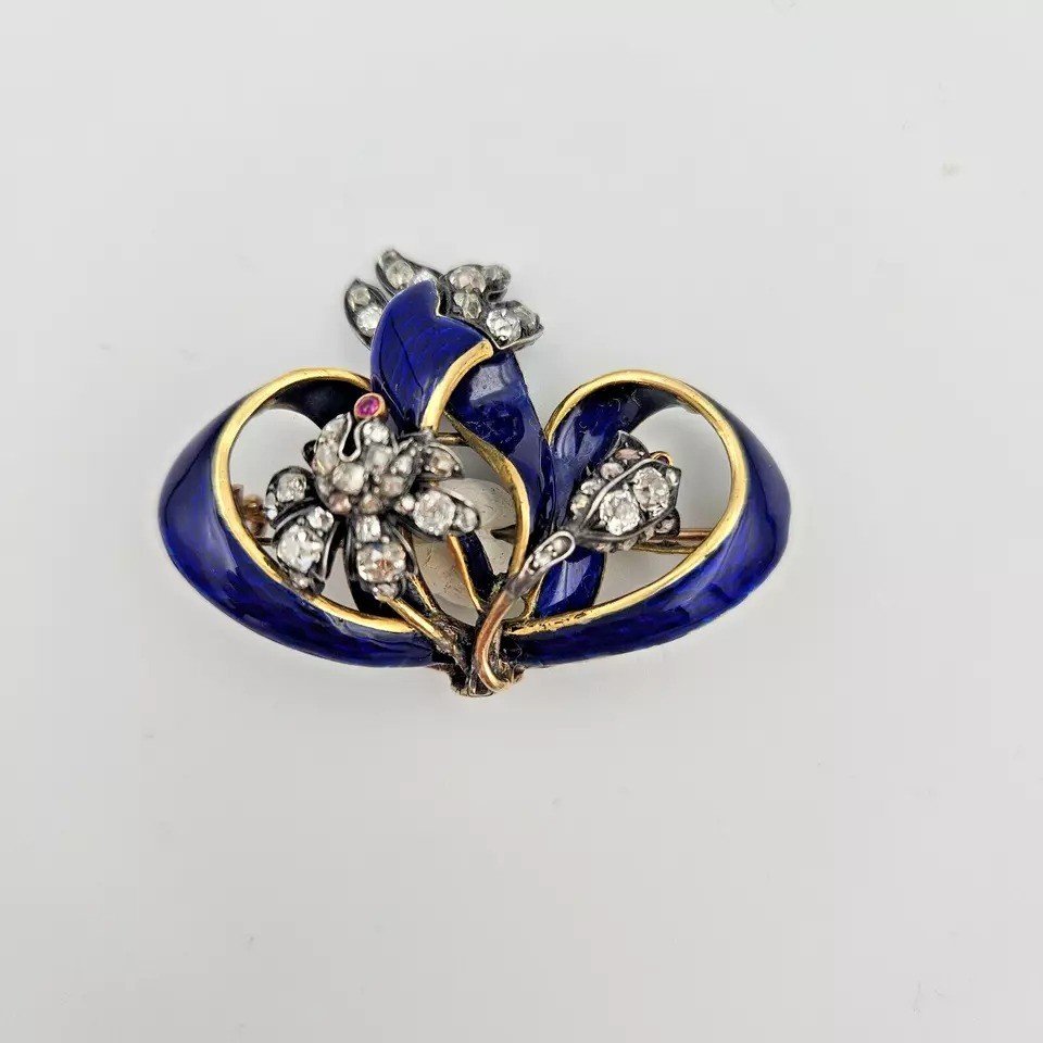 Broche Fleur Victorienne En Or Jaune 18k, émail Bleu, Diamants Taille Ancienne, Vers 1880-photo-6