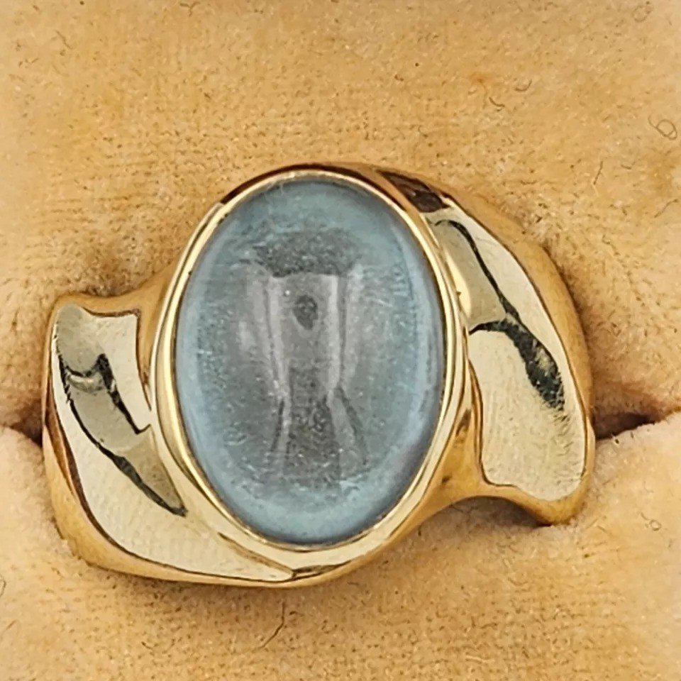 Bague Vintage Italienne Ovale En Or Jaune 18 Carats Avec Topaze Bleue, Style Milieu Du Siècle-photo-7