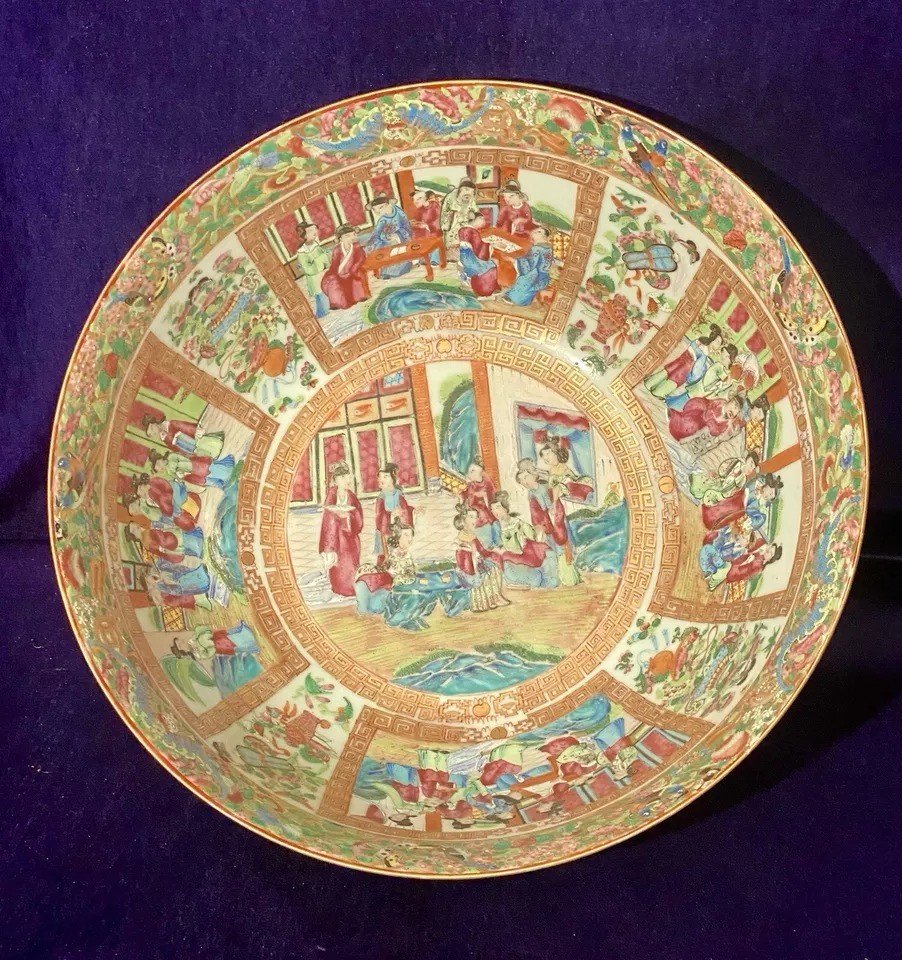 Ancien Bol à Punch En Porcelaine Rose Medallion Cantonais d'Exportation Qing, 15,5" Diamètre-photo-4